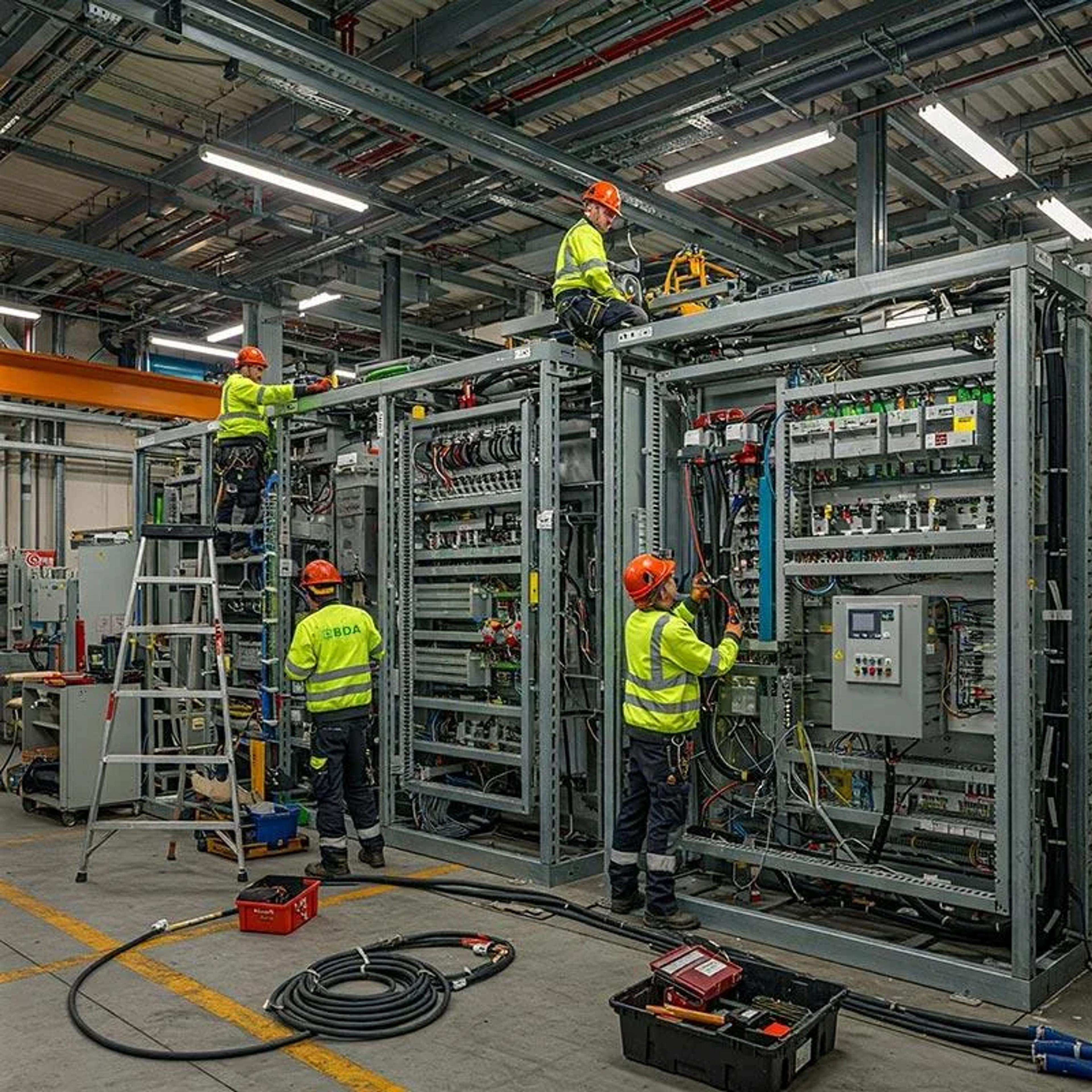 Electricians assembling and wiring switchgear panels in a workshop