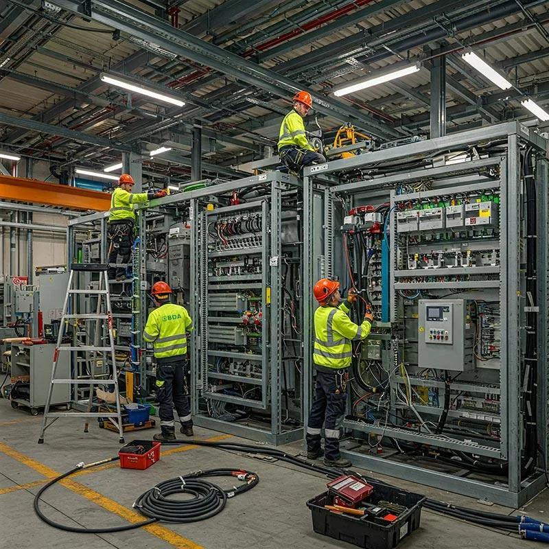 Electricians assembling and wiring switchgear panels in a workshop