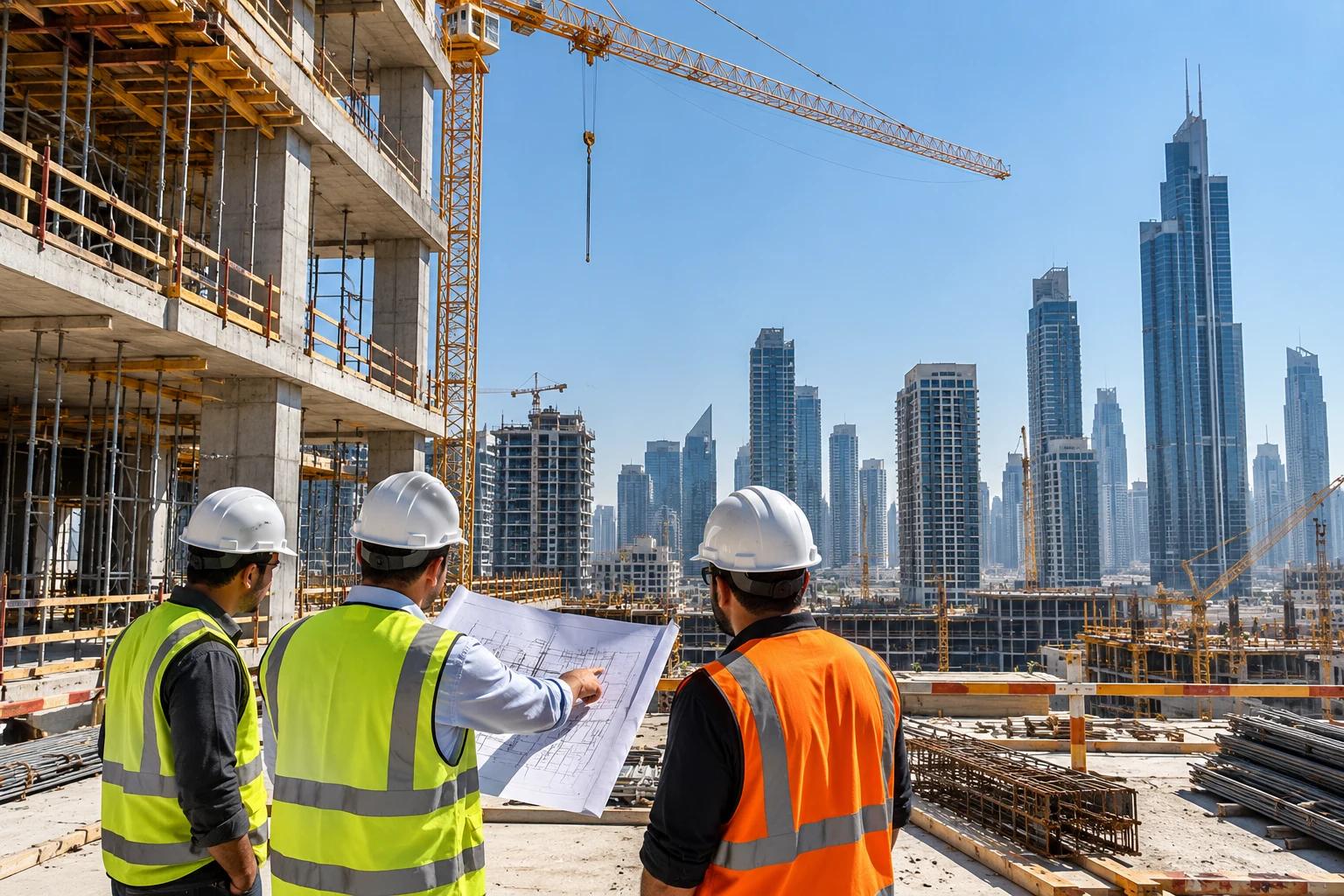 Three engineers reviewing drawings on a construction site, with a city skyline behind
