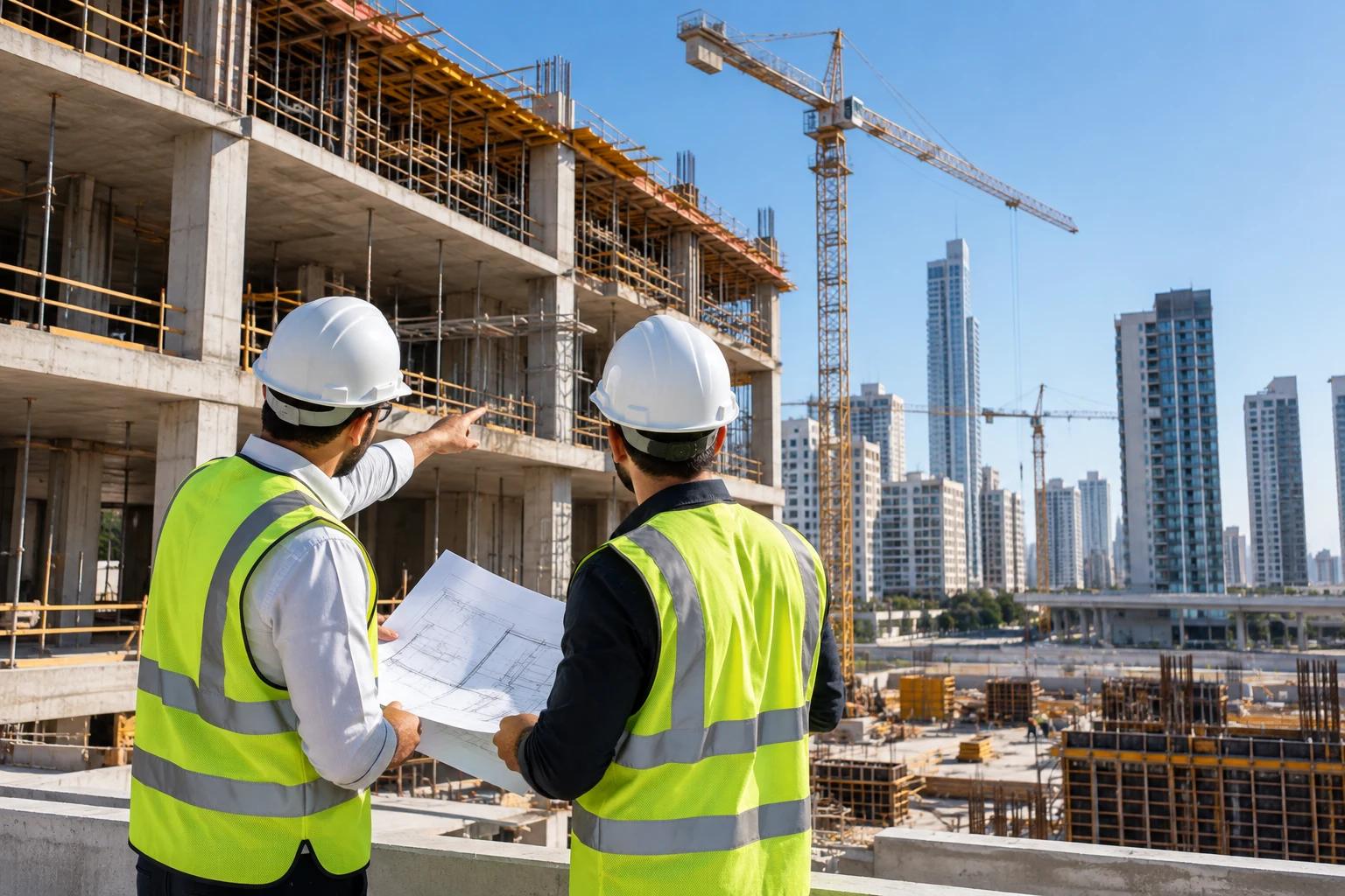 Two engineers holding a site plan and pointing across a building under construction