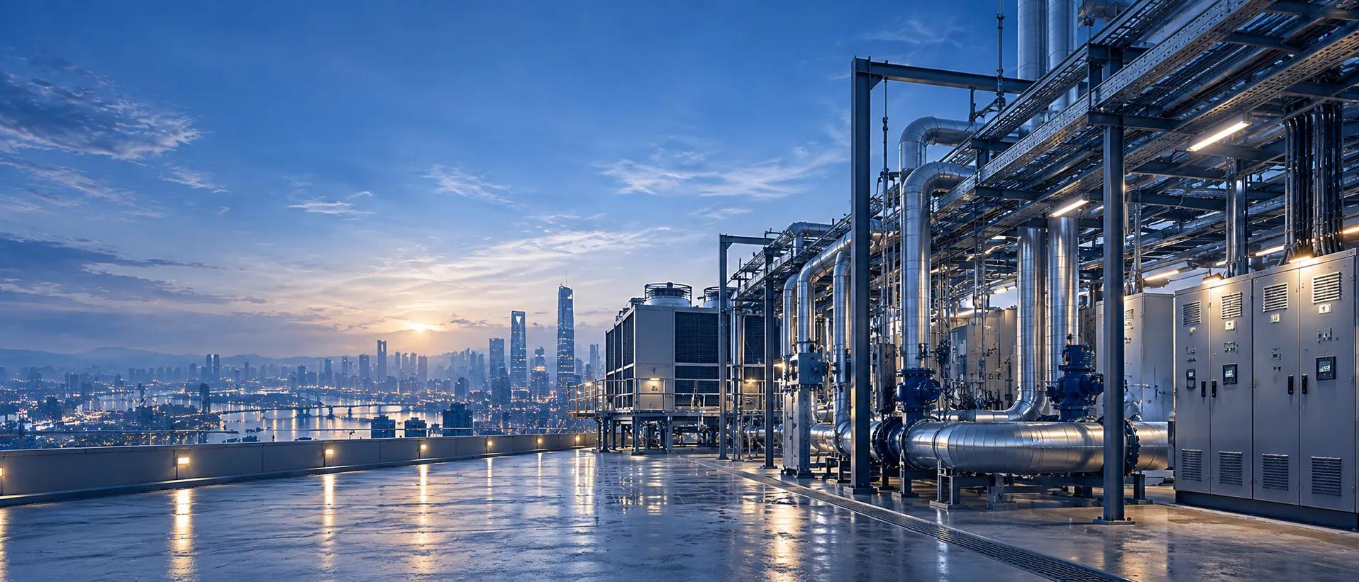 Rooftop plant: chillers, pumps and insulated pipework