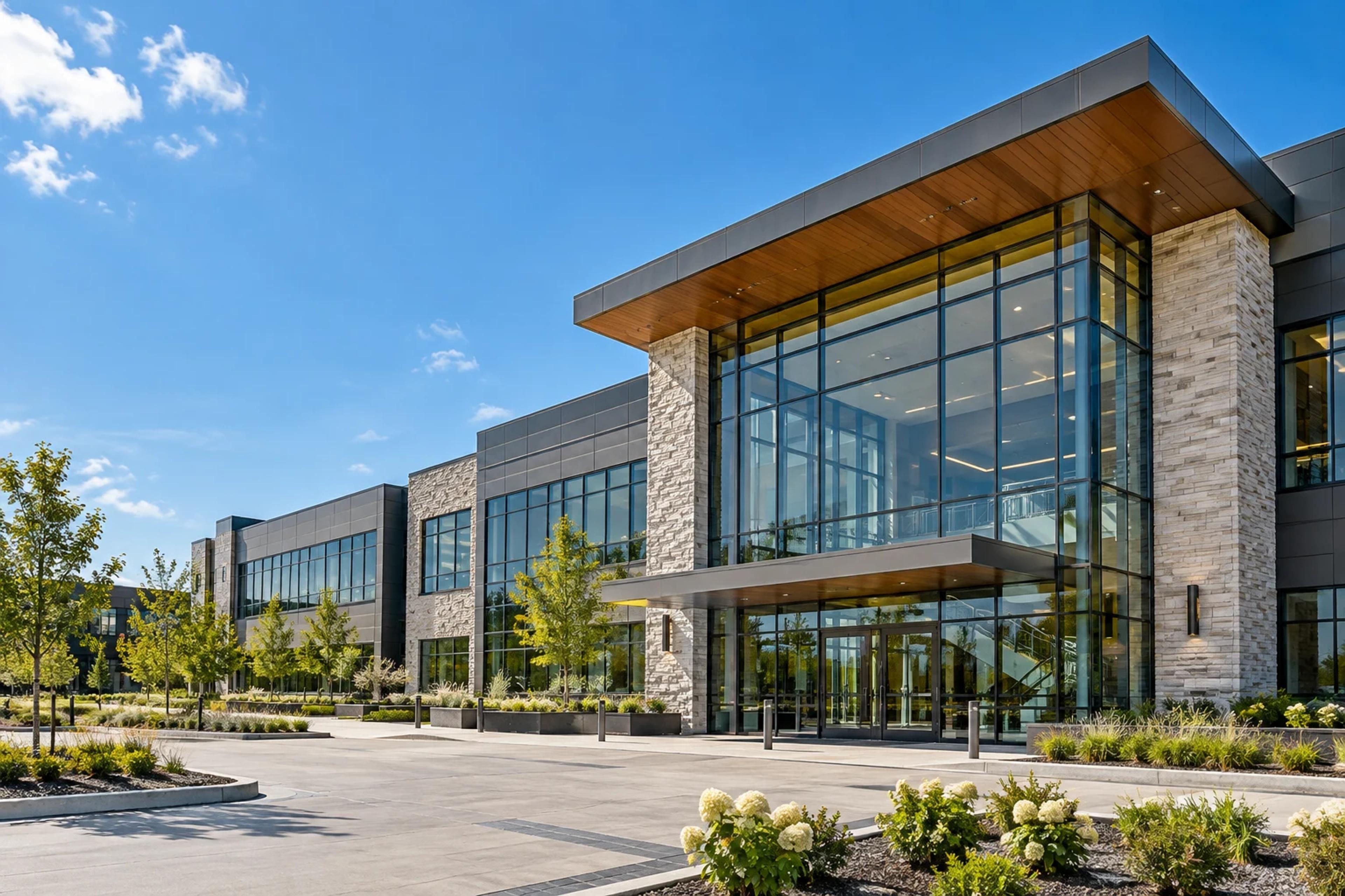 Stone and glass entrance of a low-rise office building on a clear day