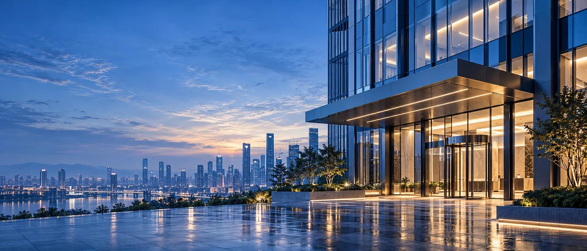 Lit entrance canopy of a glass office tower at dawn