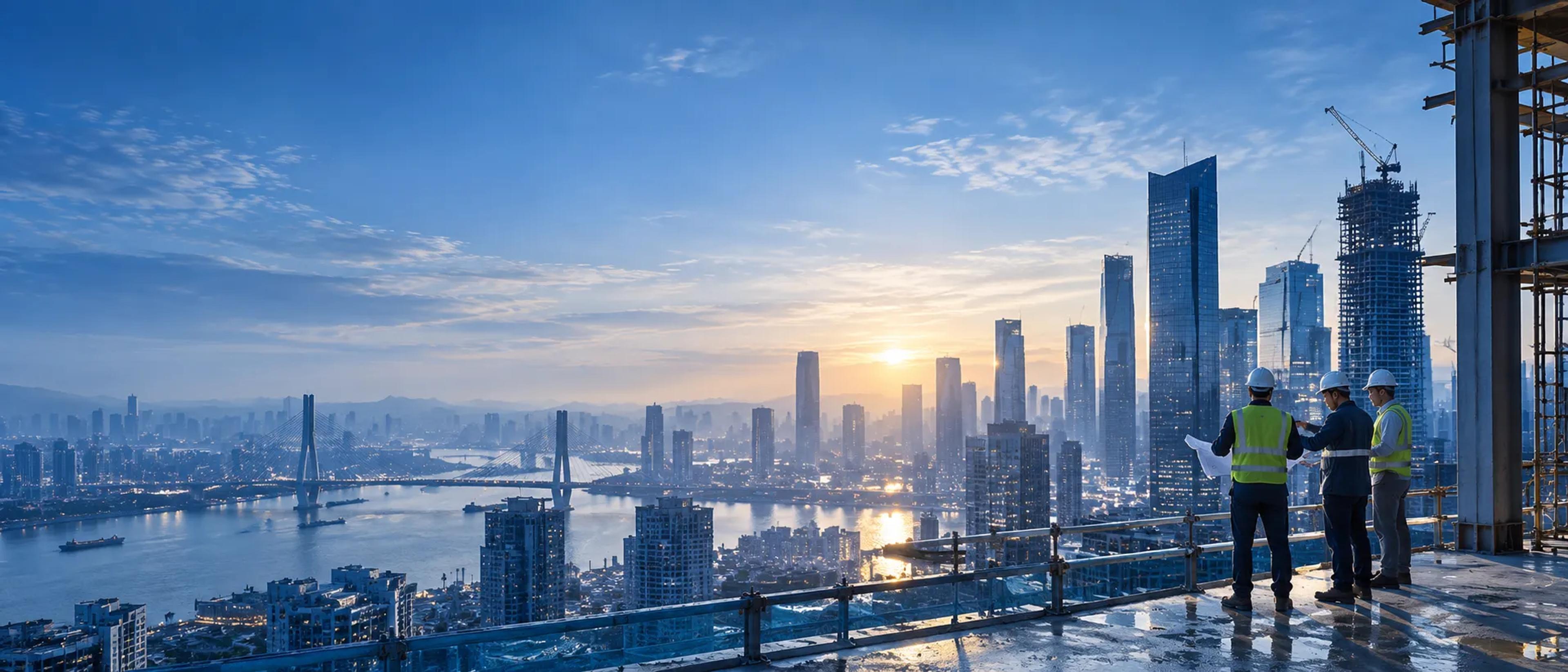 Engineer in a hard hat on a rooftop, looking out over a city at sunrise