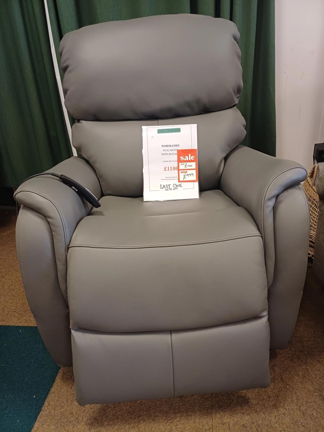 Normandy Rise-and-Recline Chair. Dual motor, in dark grey leather. A discontinued line, hence the reduction.. GFA