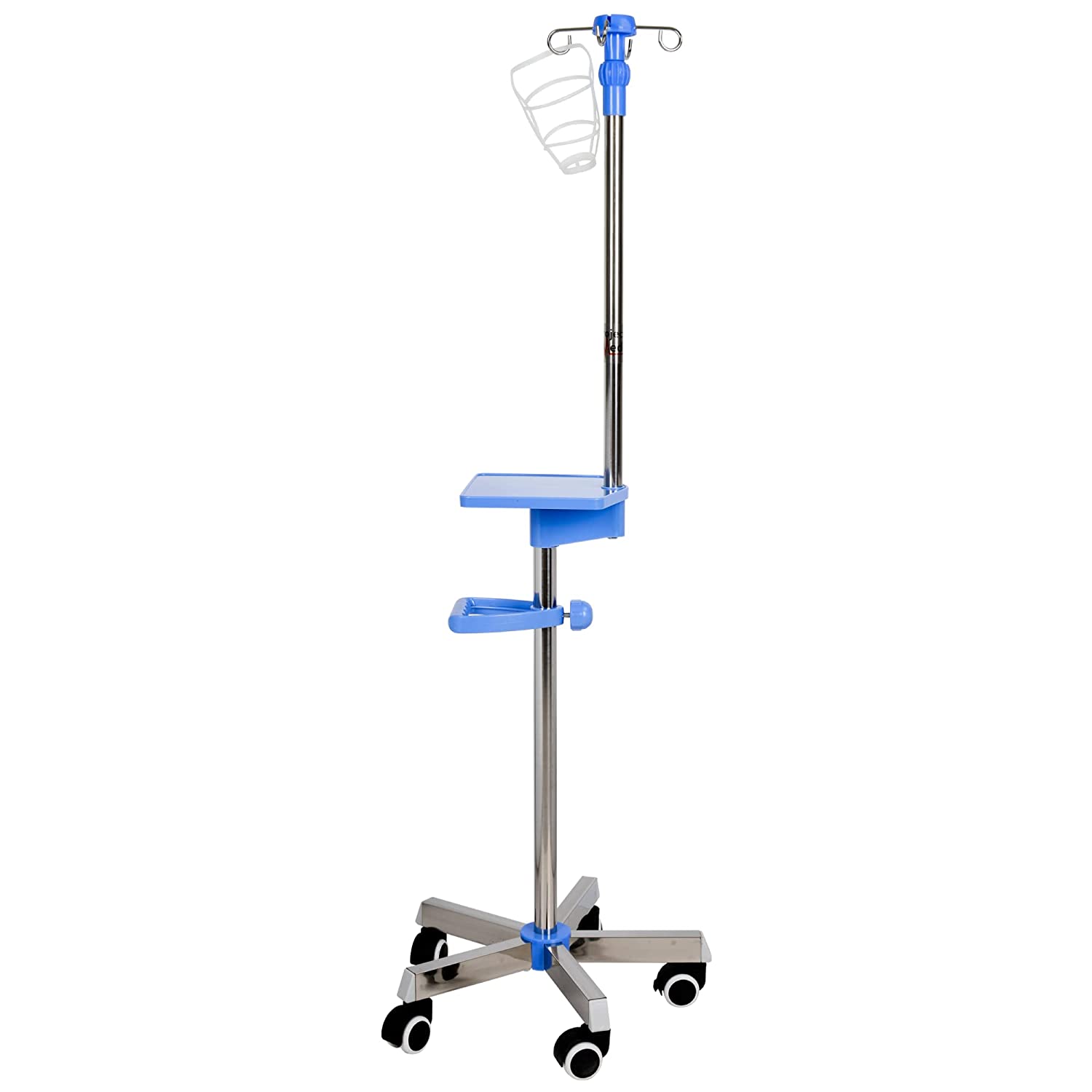 ProjectMedi IV Pole with Wheels — Ergonomic Medical IV Fluid Bag Stand — Portable IV Stand — Stainless Steel IV Pole with Tray for Hospital & Home IV Therapy — Essential IV Practice Kit Supply