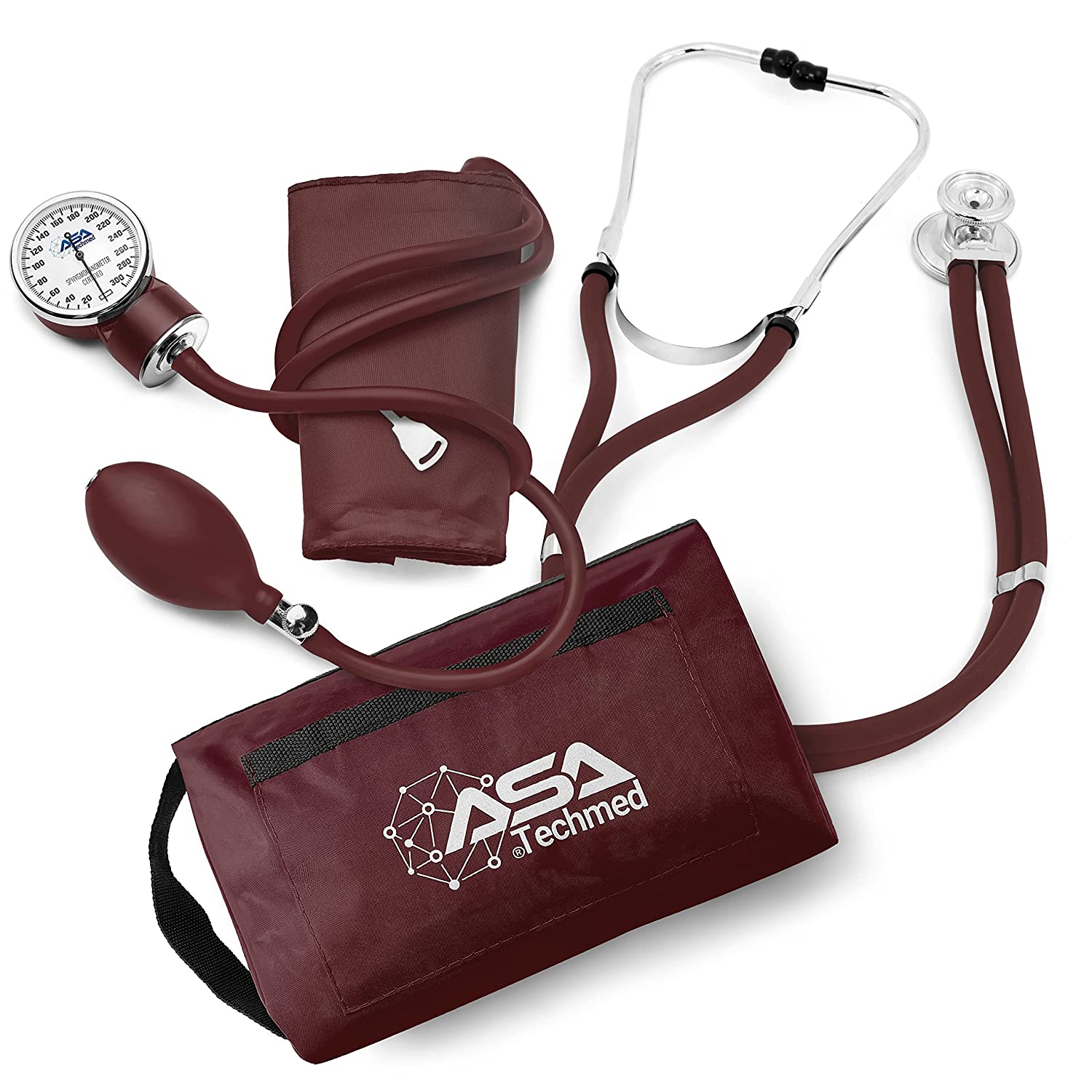 ASA TECHMED Dual Head Sprague Stethoscope and Sphygmomanometer Manual Blood Pressure Cuff Set with Case, Gift for Medical Students, Doctors, Nurses, EMT and Paramedics, Burgundy