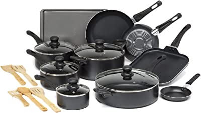 Ecolution Easy Clean Nonstick Cookware Set, Features Kitchen Essentials, Bamboo Cooking Utensils Set, Vented Glass Lids, Ergonomic Grip Handles, Made without PFOA, Dishwasher Safe, 20-Piece, Black