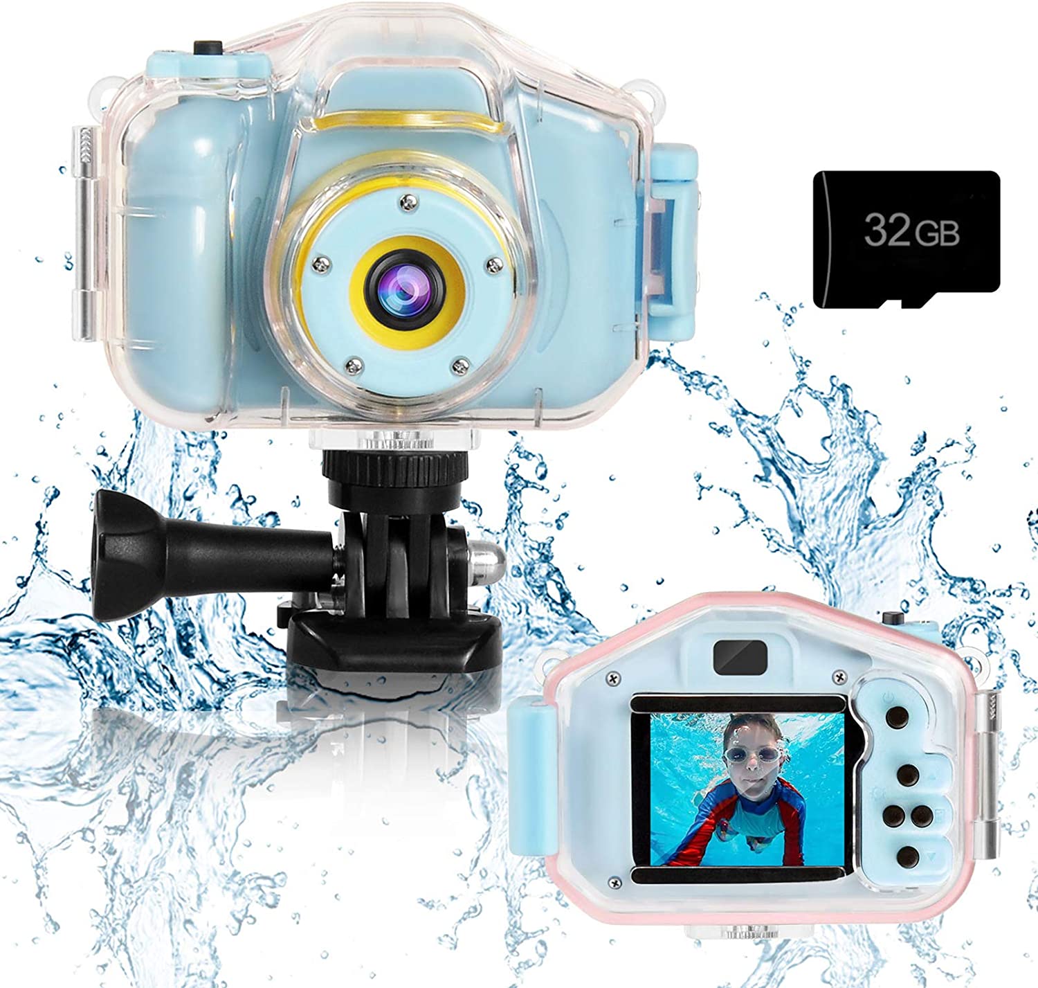 Agoigo Kids Waterproof Camera Toys for 3-12 Year Old Boys Girls Christmas Birthday Gifts Kids Underwater Sports Camera HD Children Digital Action Camera 2 Inch Screen with 32GB Card (Blue)