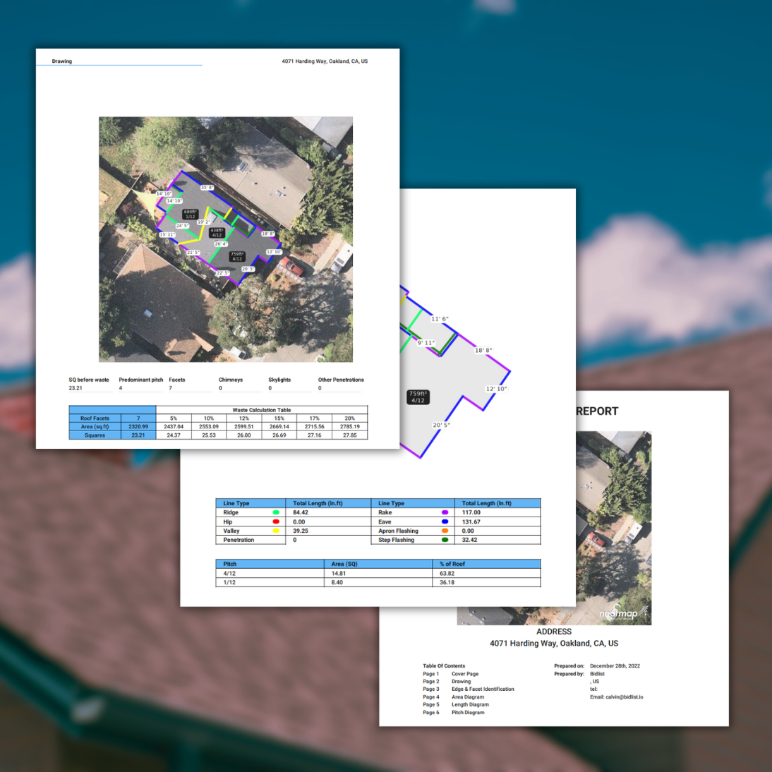 3 pages of a roof report layered over each other
