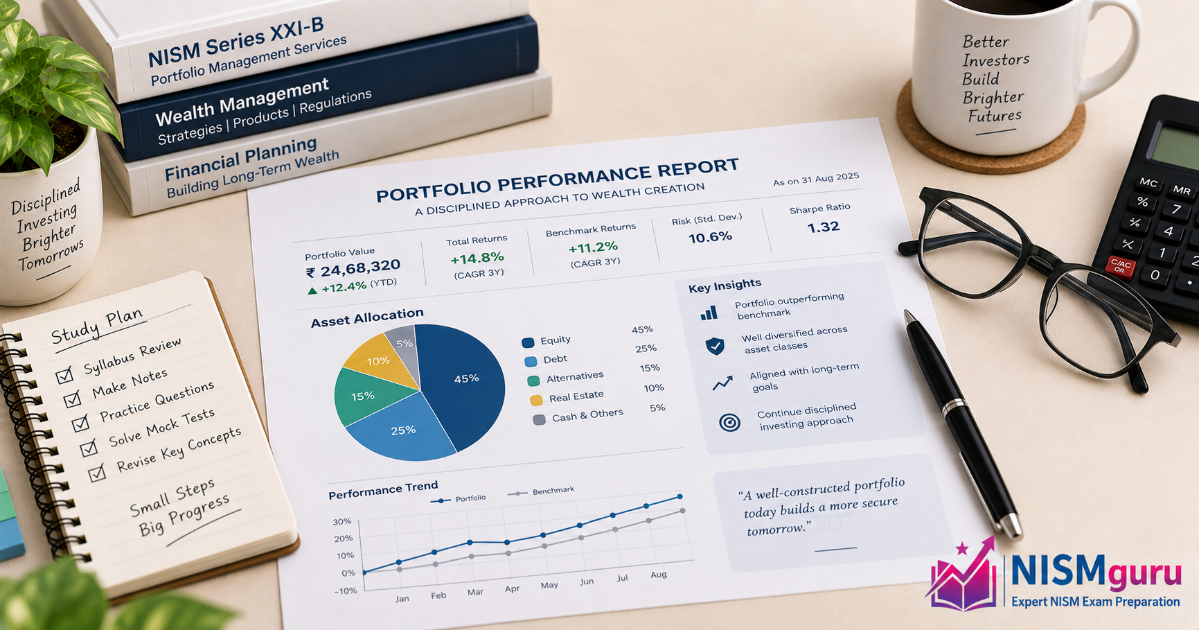A printed portfolio performance report with an allocation chart, beside a pen and glasses.