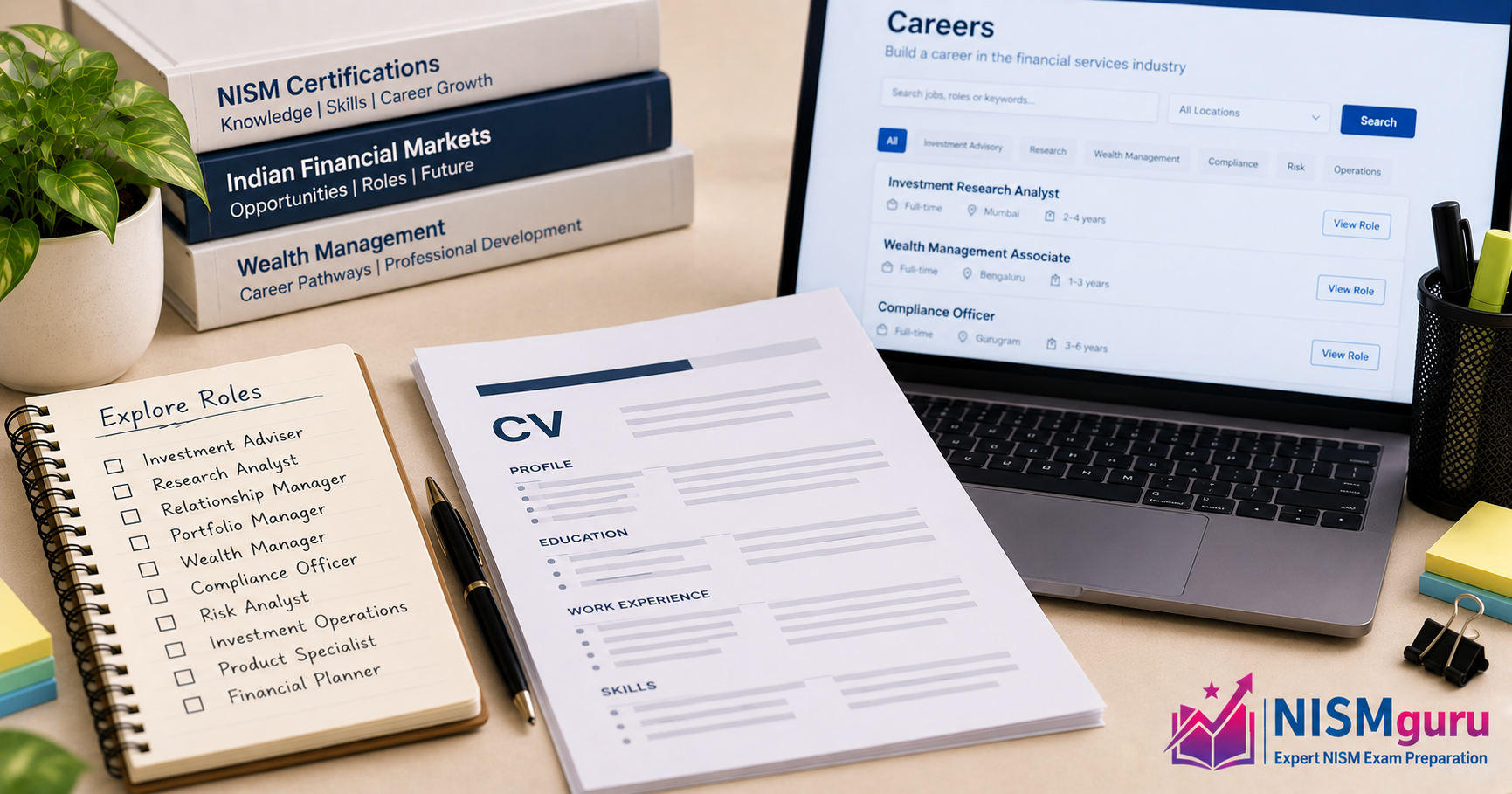  A notepad listing finance role titles beside a printed CV and a laptop showing a careers page.