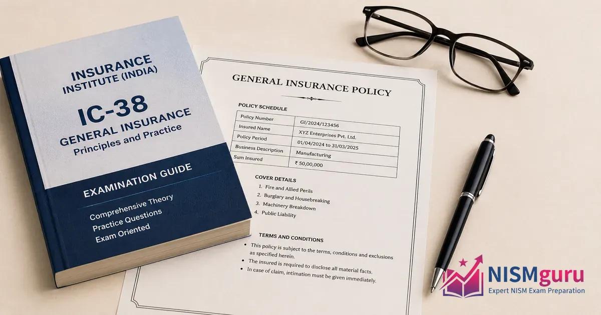 An insurance policy document beneath a study book, with a pen and reading glasses on a desk