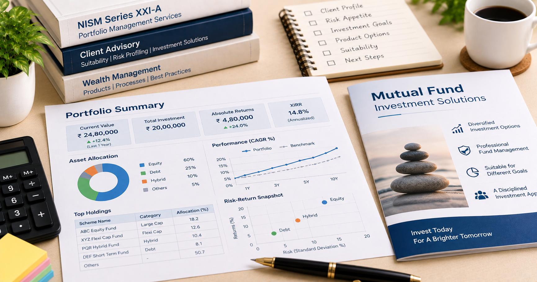 A printed portfolio summary and a product brochure on a meeting table, with a pen beside them.