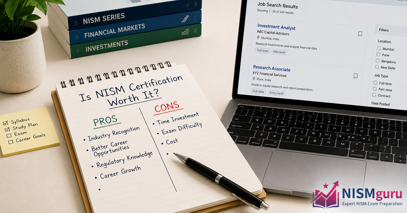 A handwritten pros and cons list on a notepad beside a laptop showing a finance job listing.