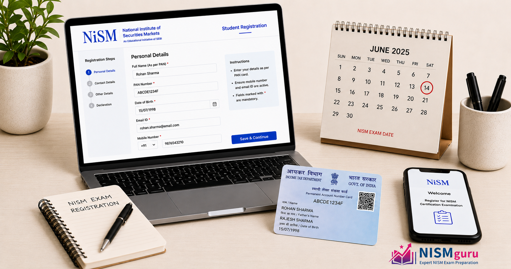 A laptop showing a NISM exam registration form beside a PAN card and a calendar with an exam date circled.