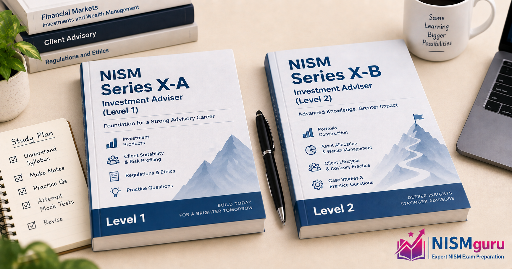 Two study workbooks side by side, marked Level 1 and Level 2, with a pen between them.