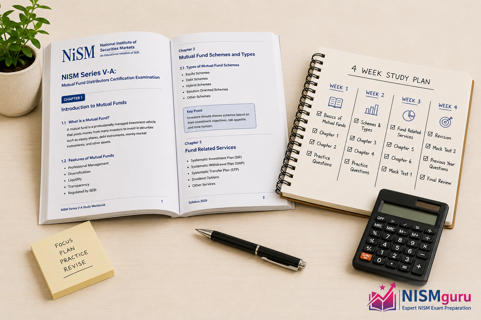 An open NISM study workbook beside a notebook showing a four-week study plan and a calculator.