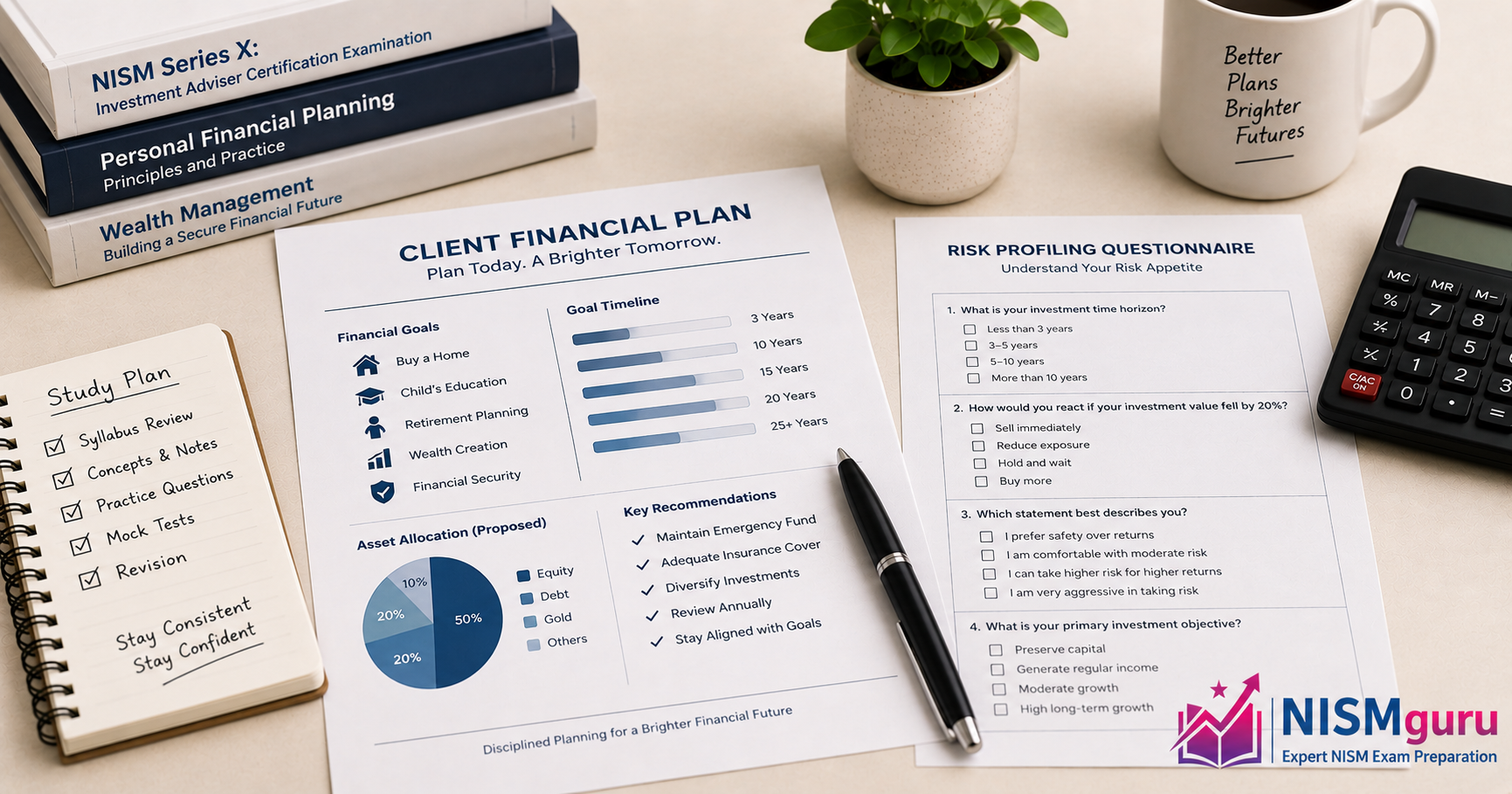 A financial plan document beside a risk profiling questionnaire and a pen on a desk.
