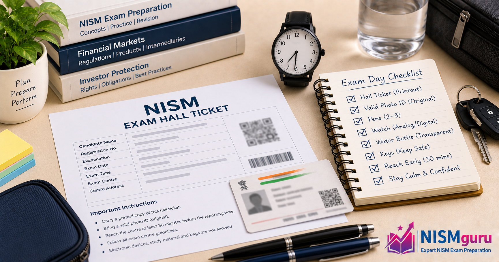  A printed exam hall ticket and photo ID laid out beside a wristwatch showing an early morning time.