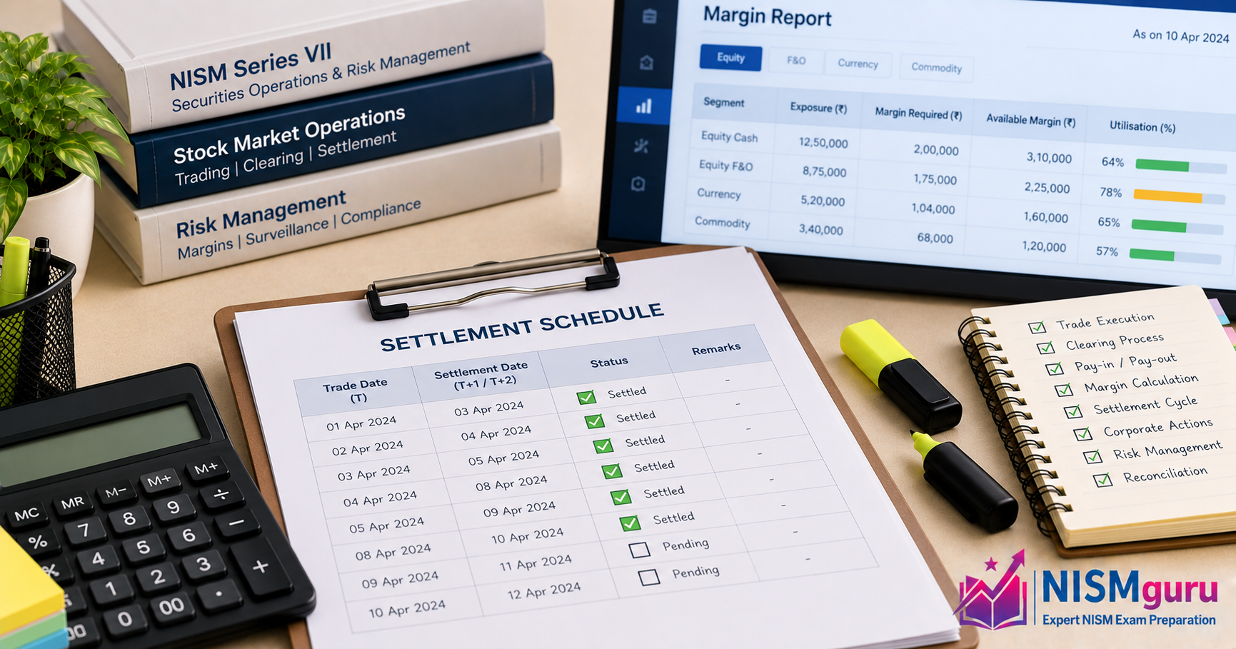 A printed settlement schedule with ticked dates beside a highlighter, with a margin report on a screen behind.