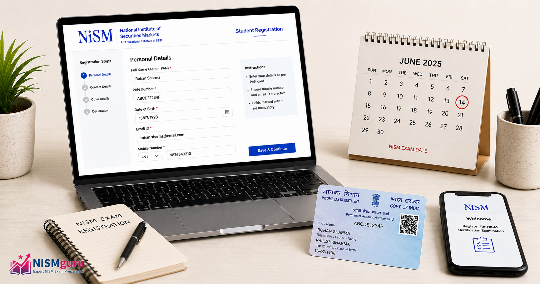A laptop showing a NISM exam registration form beside a PAN card and a calendar with an exam date circled.