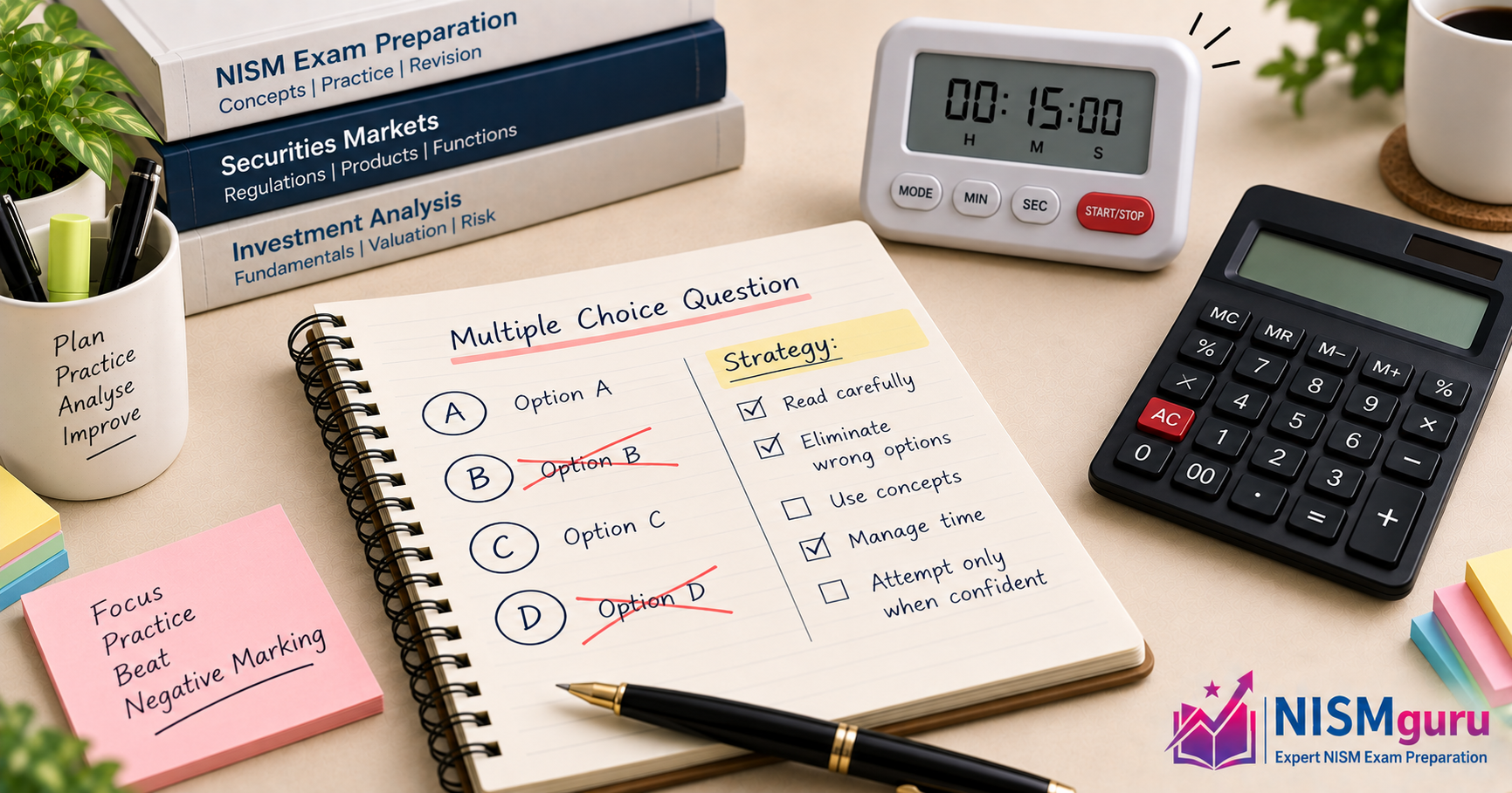 A notepad showing four multiple-choice options with two crossed out, beside a calculator and a timer.