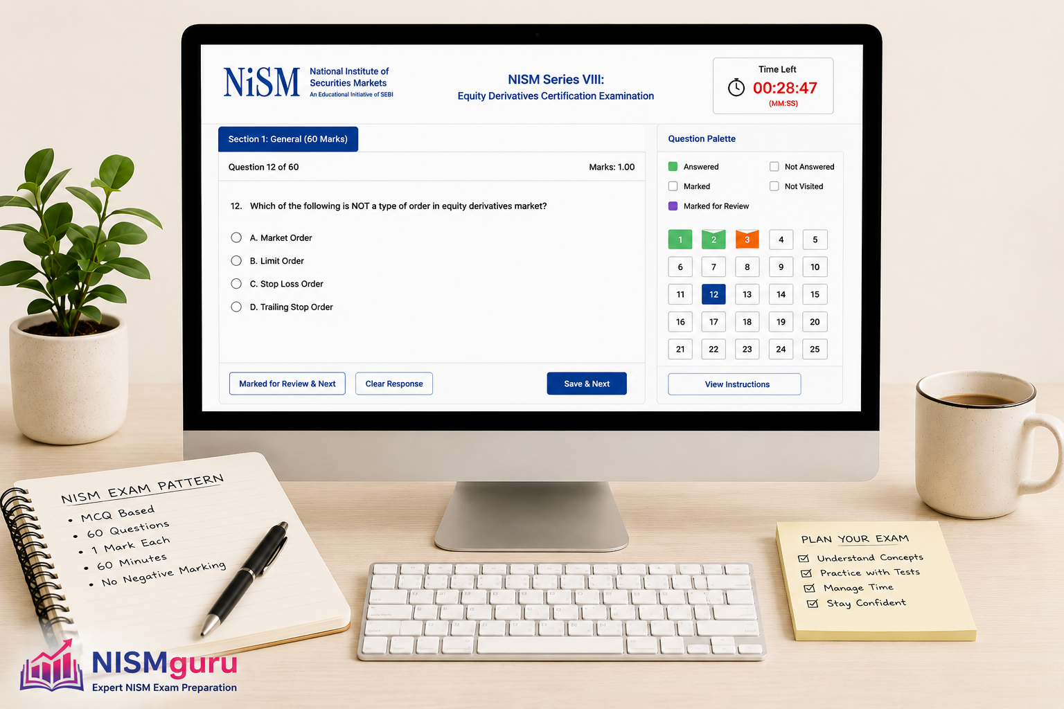 A computer-based exam screen showing a multiple-choice question, a countdown timer and a question palette.