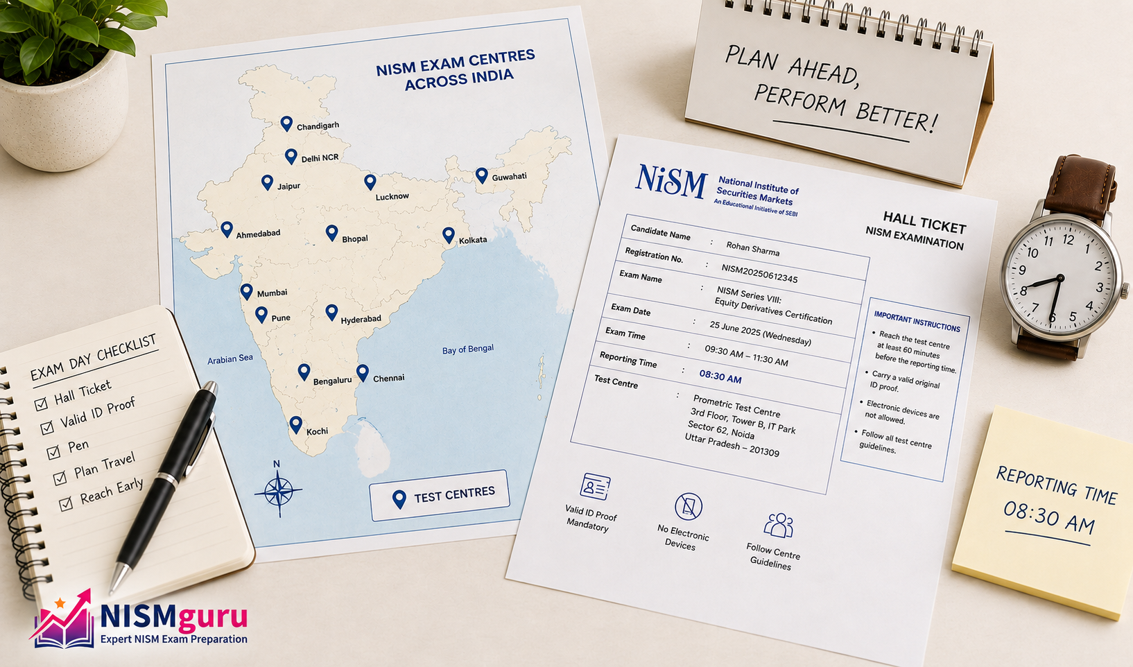 A map of India marked with test centre pins beside a printed NISM exam hall ticket and a watch showing an early reporting time.