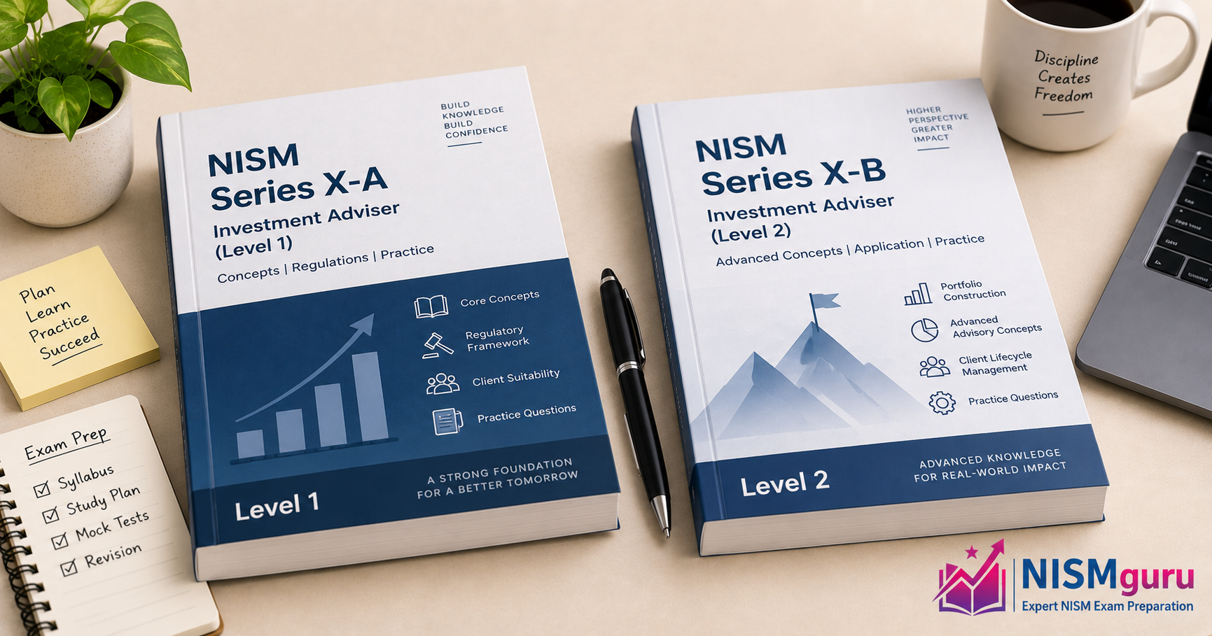 Two study workbooks side by side, marked Level 1 and Level 2, with a pen between them.