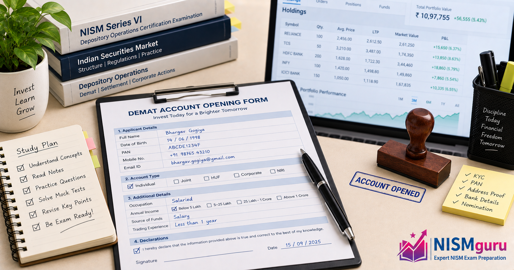 A demat account opening form beside a stamp, with a holdings statement on a screen behind.