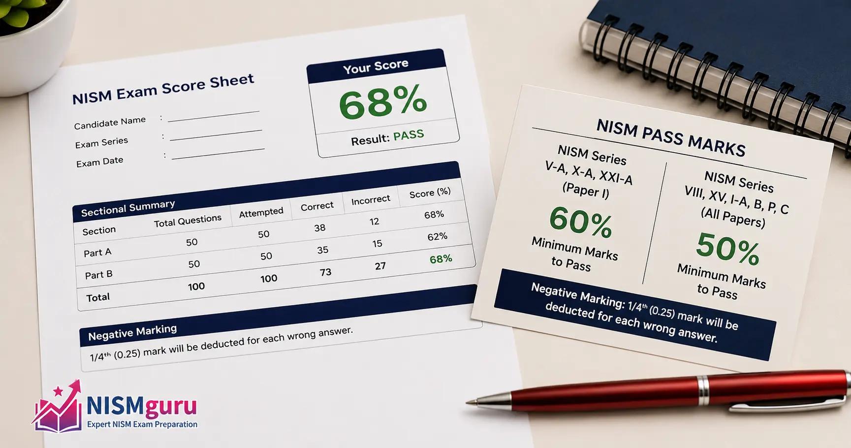 An exam score sheet showing a percentage beside a card comparing the 60% and 50% NISM pass marks.