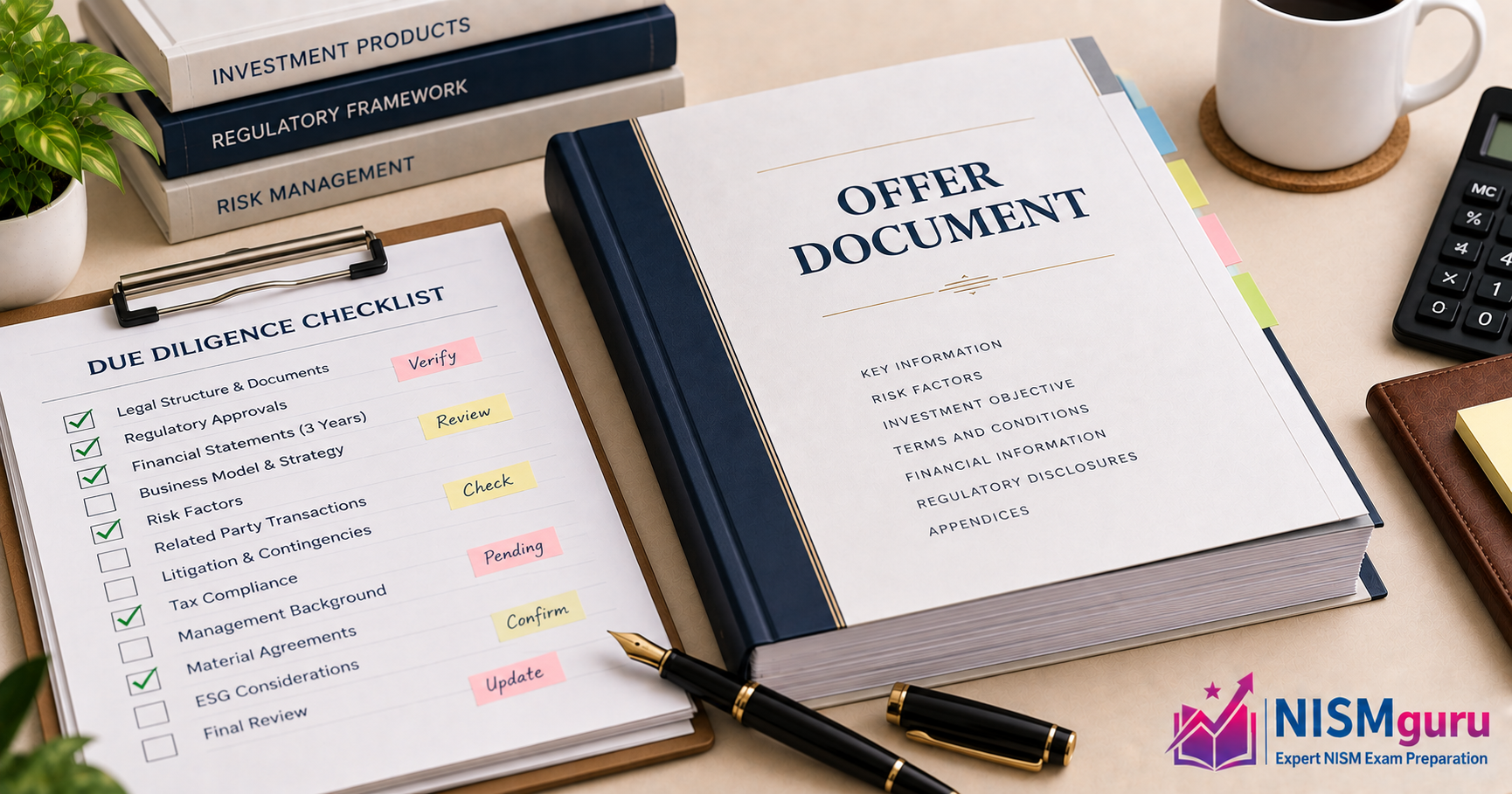 A bound offer document beside a marked-up due diligence checklist and a fountain pen.