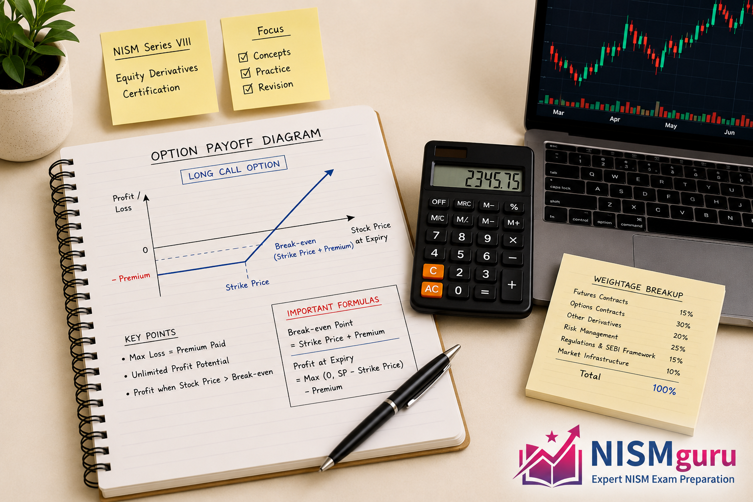 A hand-drawn option payoff diagram in a notebook beside a calculator and a partly visible trading chart.