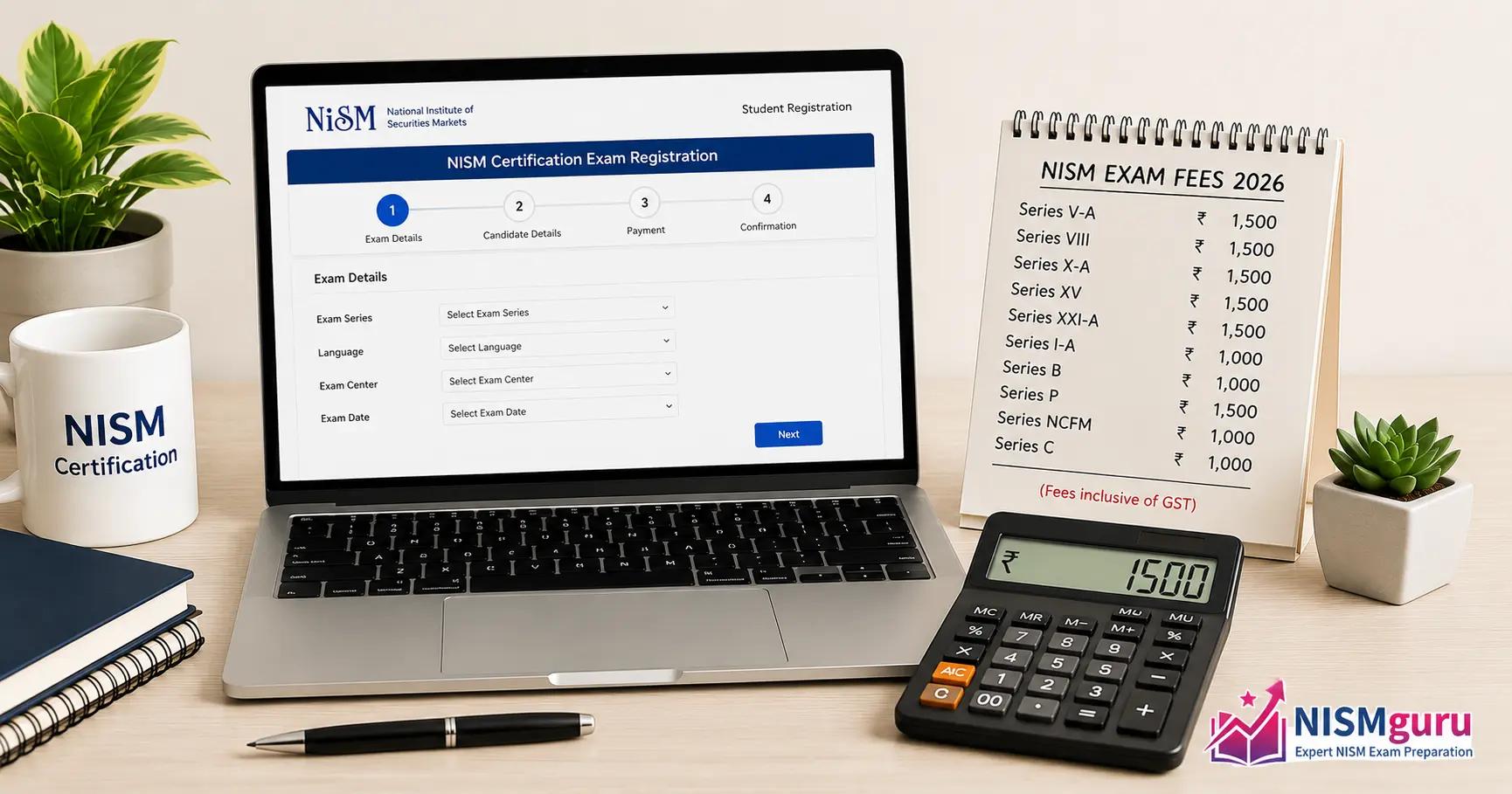 A calculator and notepad listing NISM certification exam fees beside a laptop showing an exam registration form.