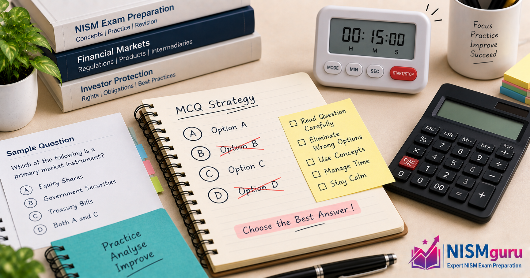 A notepad showing four multiple-choice options with two crossed out, beside a calculator and a timer.