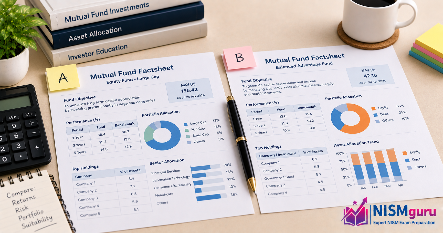 Two mutual fund factsheets side by side, tagged A and B, with a pen between them.
