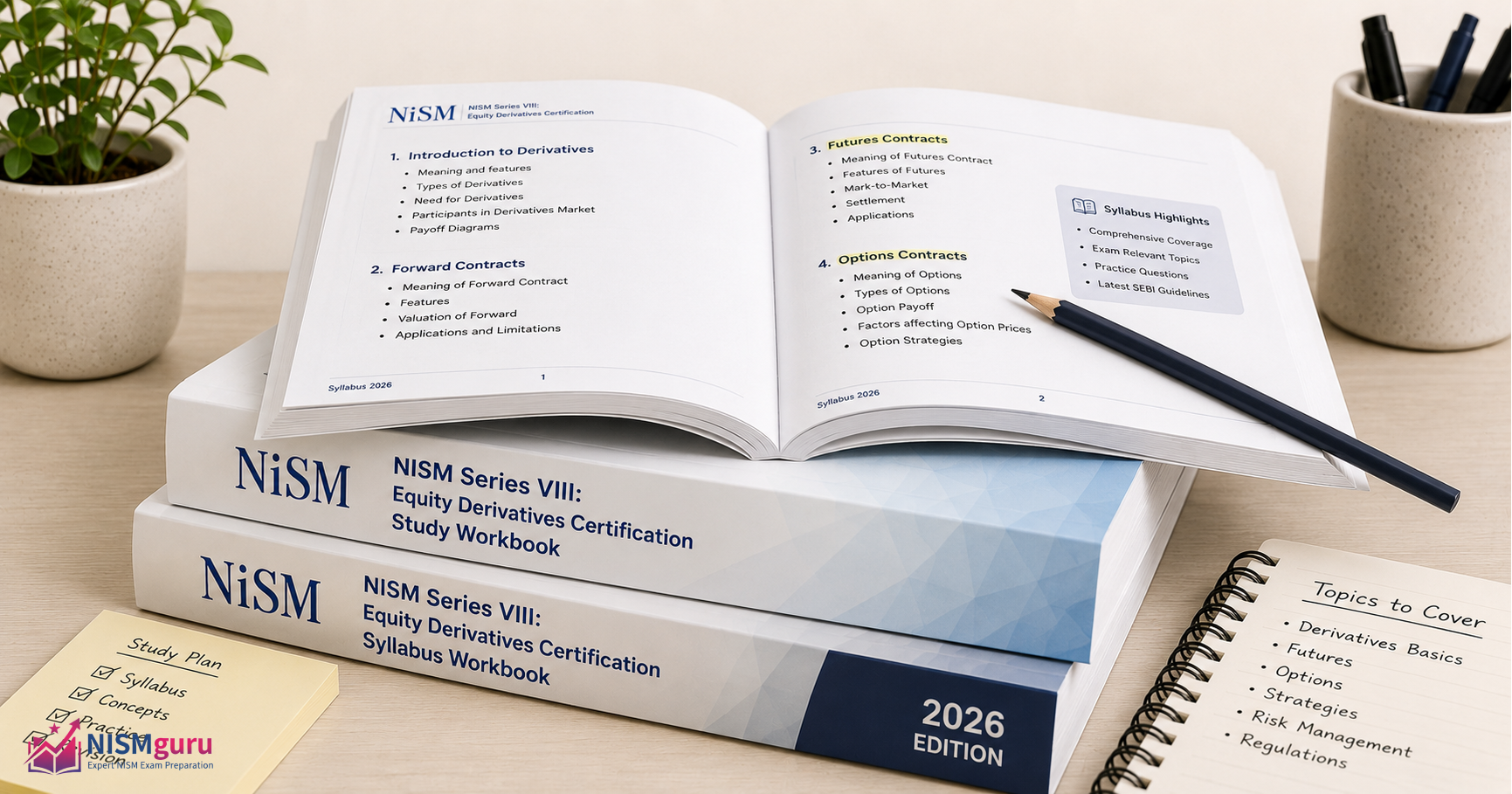 Two stacked NISM study workbooks, the upper one open, with the edition date visible on the spine of the lower book.