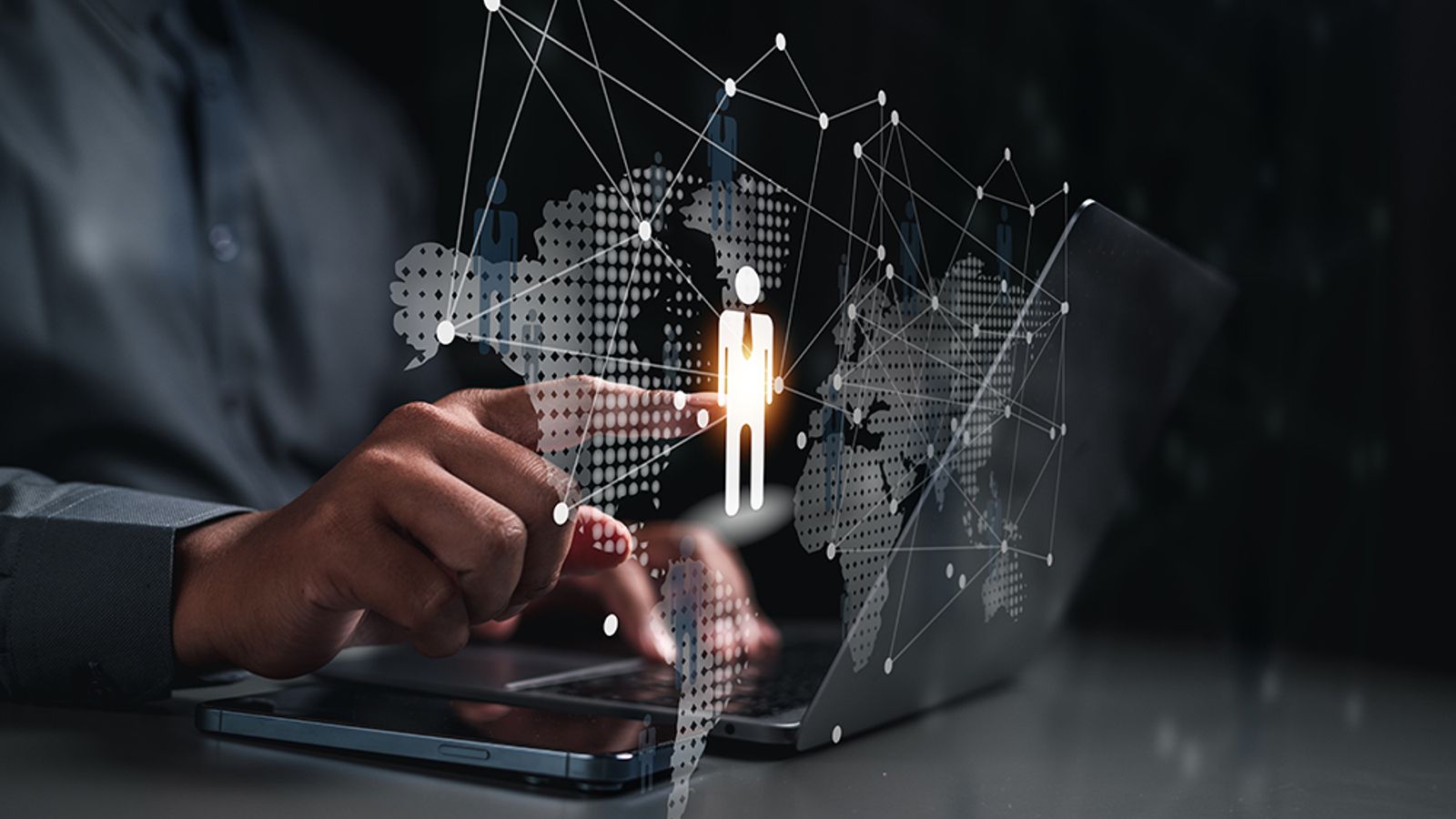 Business user selecting a workforce icon on a digital global network interface.