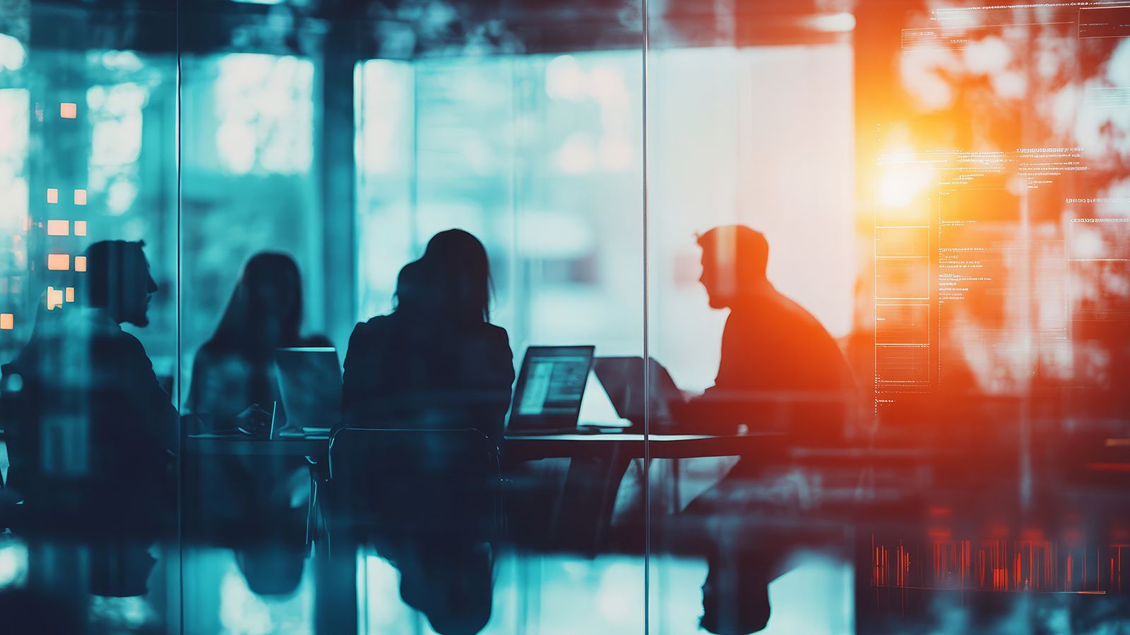Silhouetted professionals work around a conference table behind a glass wall, lit by warm light with a faint data overlay.