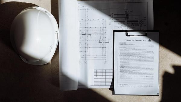 Construction documents and a hard hat viewed from above on a jobsite