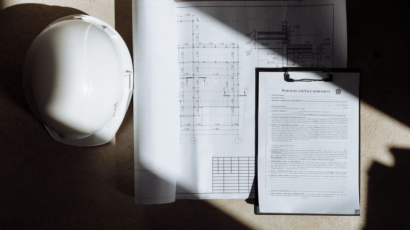 Construction documents and a hard hat viewed from above on a jobsite