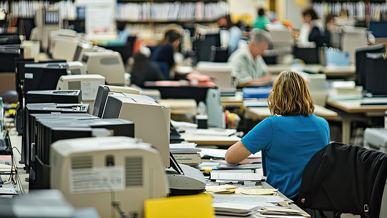 Public sector office with rows of desks, files, and employees working through administrative processes.