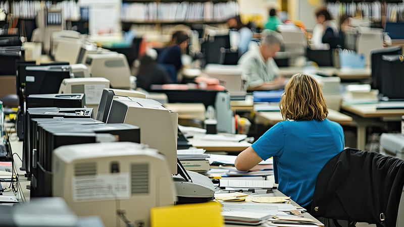 Public sector office with rows of desks, files, and employees working through administrative processes.