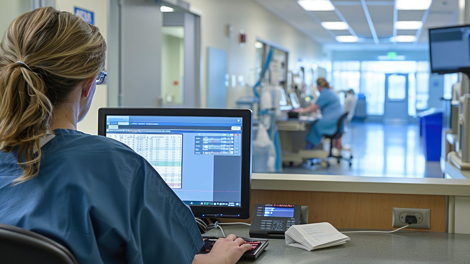 A staff member in scrubs reviews data on a monitor at a clinical workstation, with a hospital corridor and care station behind.