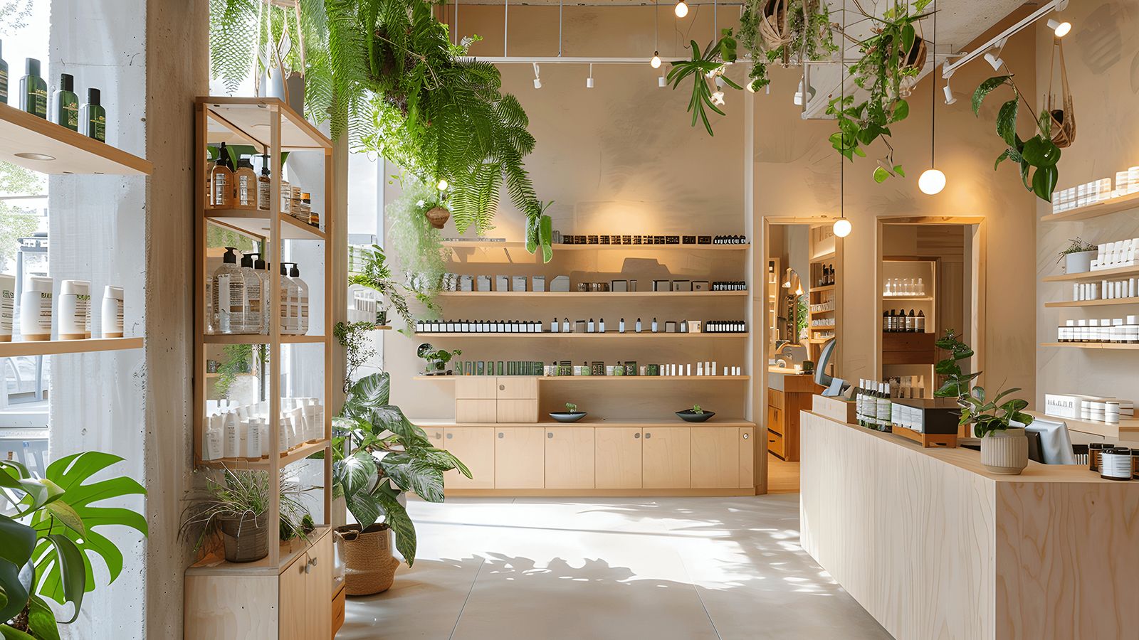 A boutique beauty and skincare store with product-lined shelves, a service counter, and hanging plants.