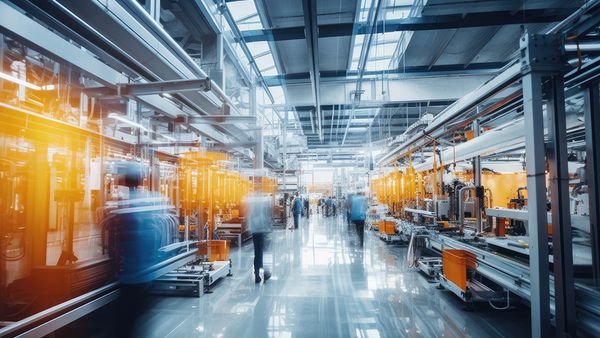 Manufacturing facility floor with automated production equipment and blurred workers moving through the line.