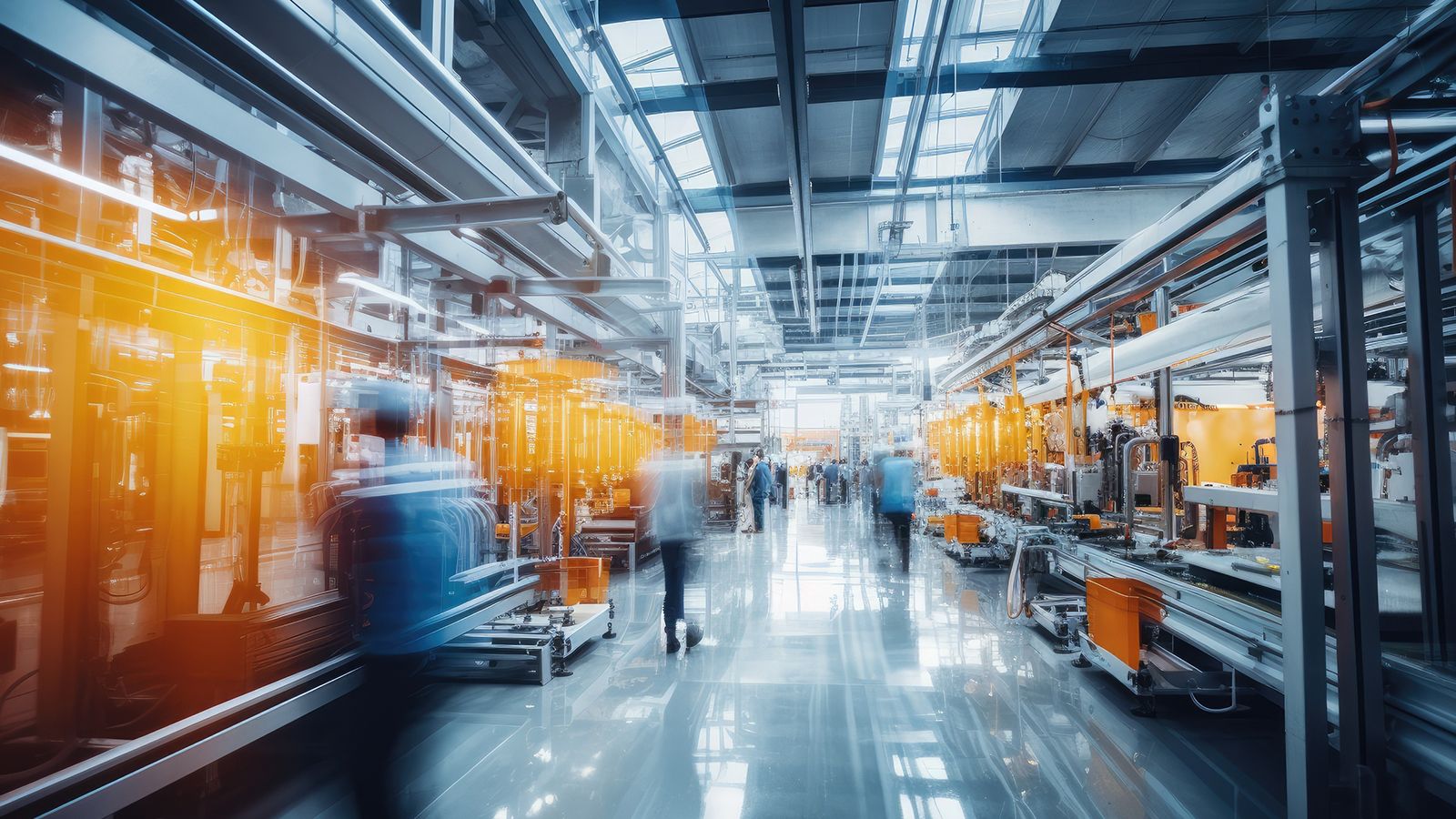 A bright, modern manufacturing line with automated equipment and workers moving through it in motion blur.