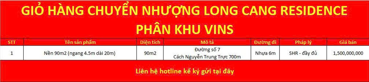 GIỎ HÀNG CHUYỂN NHƯỢNG DỰ ÁN LONG CANG RESIDENCE 