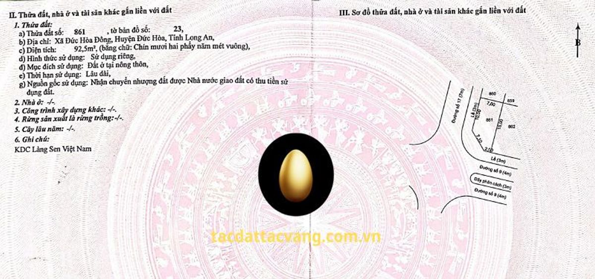 Nền 92,5m2 (ngang 7m dài 15m) đường số 17 và đường số 9 KDC Làng Sen Việt Nam